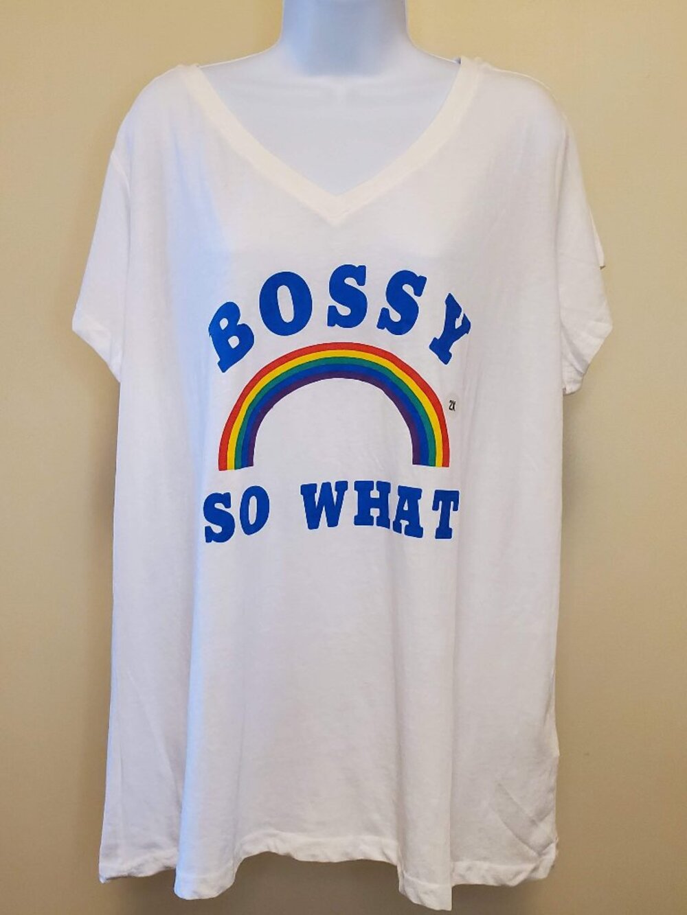 Joe Boxer White “Bossy So What” Rainbow Graphic V-Neck T-Shirt - 2X Juniors Plus
